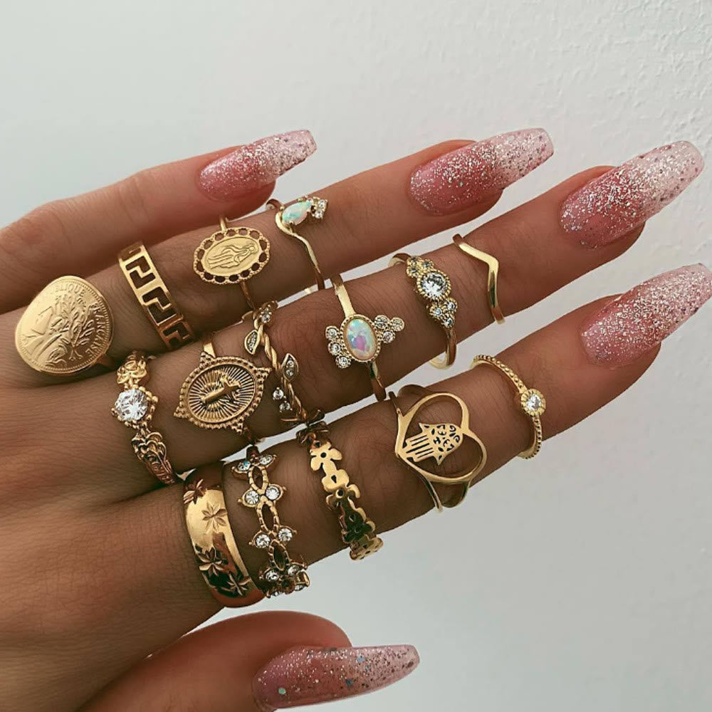 Ensemble de bagues en alliage Olivenorma Opal Vintage Cross 15 pièces