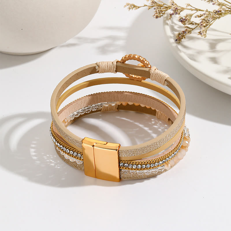 Bracelet large en cuir et métal avec zircon blanc et mauvais œil Olivenorma