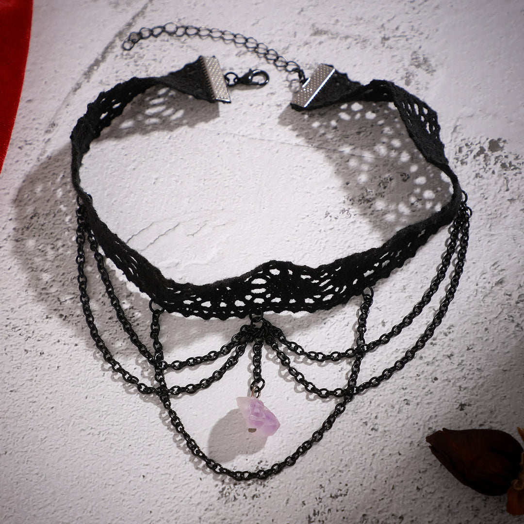 Collier ras du cou gothique en dentelle améthyste Olivenorma pour Halloween