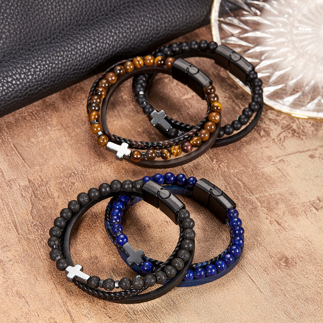 Bracelet en cuir tressé pour homme avec perles en pierre naturelle Olivenorma - image 0