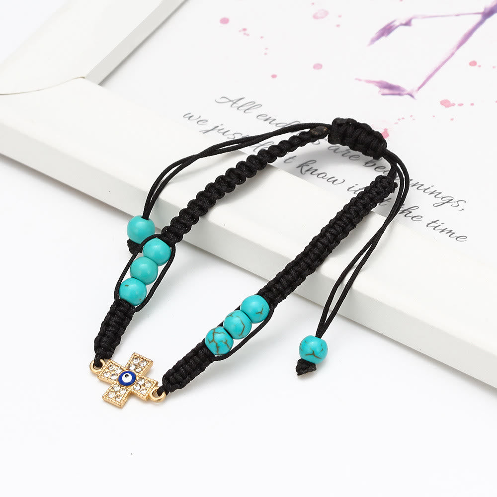 Bracelet tressé ajustable Olivenorma en zircon blanc turquoise contre le mauvais œil