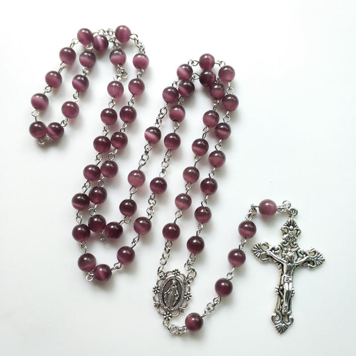 Collier chapelet croix en pierre œil de chat violet Olivenorma - image 5