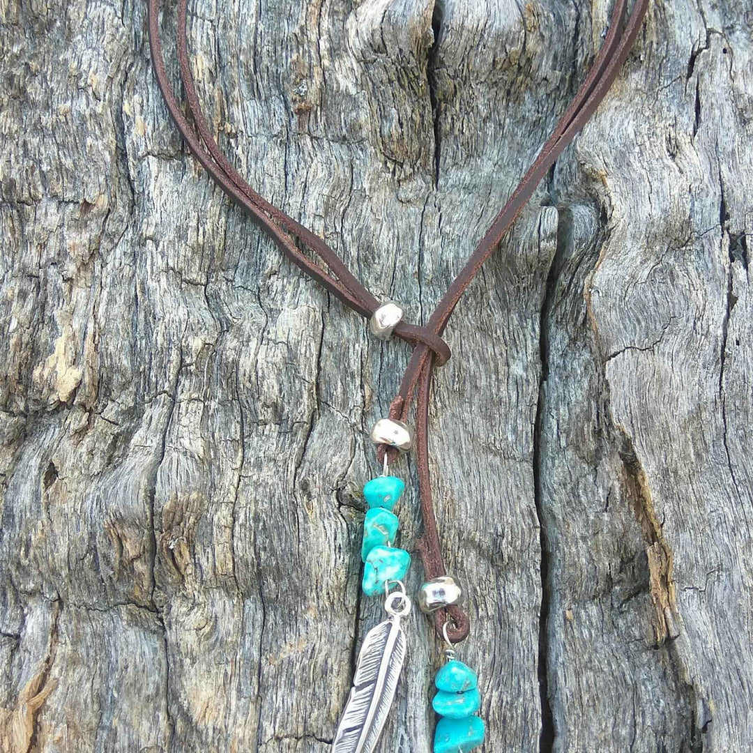 Collier pendentif plume en alliage de cuir turquoise Olivenorma 