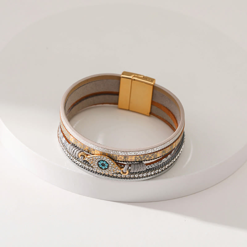 Bracelet Olivenorma en similicuir motif léopard avec zircon et mauvais œil