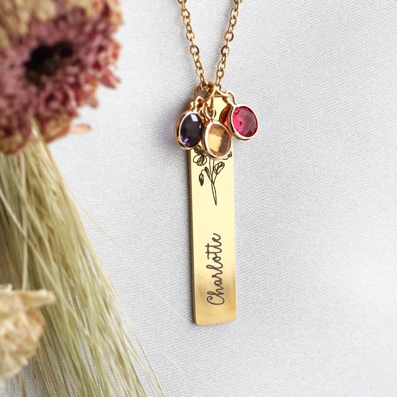 Collier de bijoux personnalisé avec fleur de naissance et pierre de naissance Olivenorma avec nom