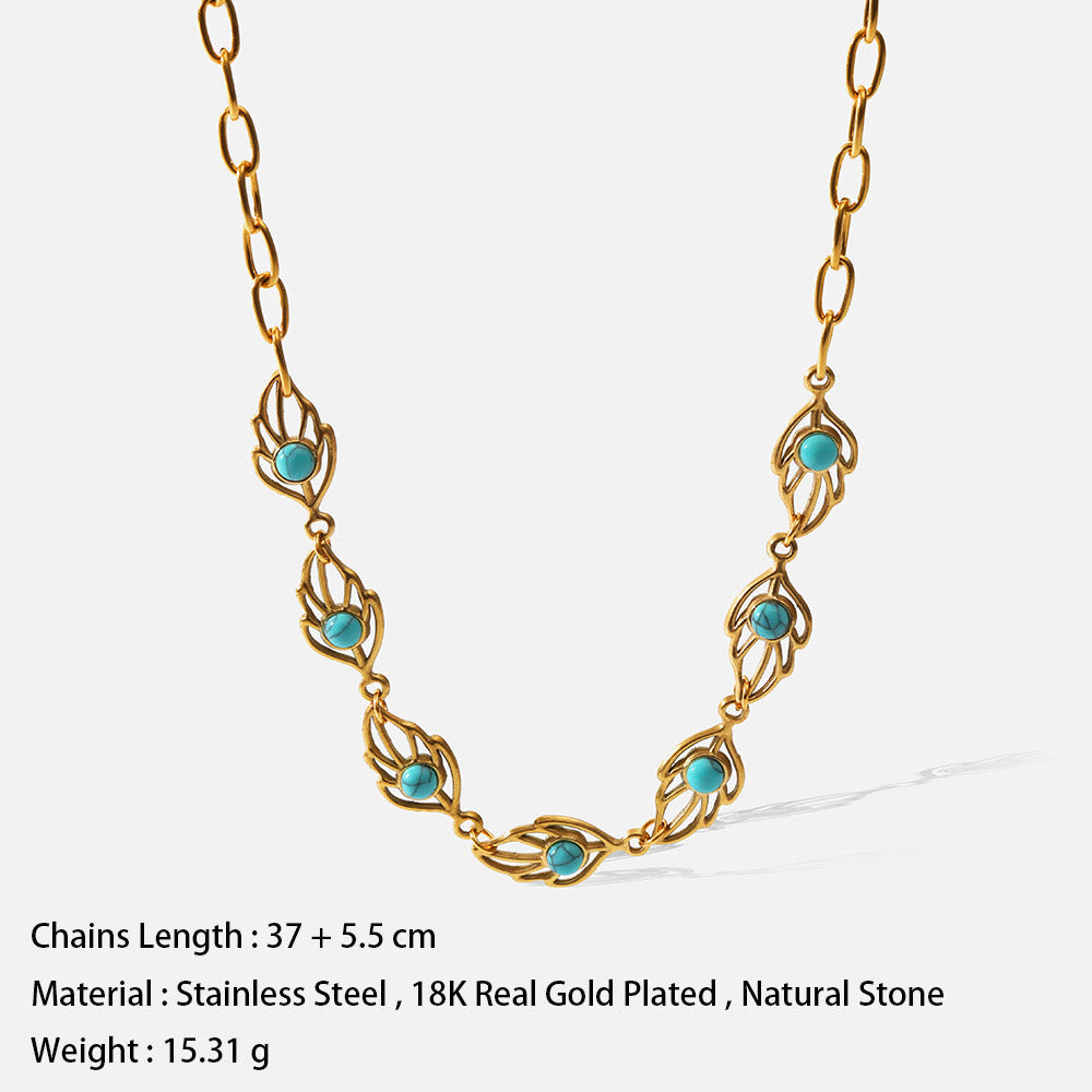 Collier en acier inoxydable 18 carats en forme de feuille de turquoise Olivenorma