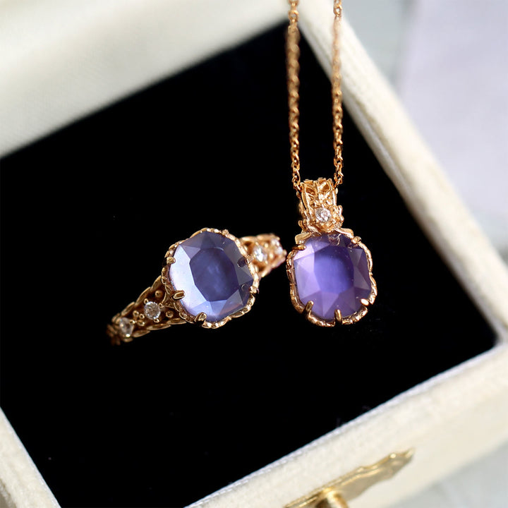 Collier avec anneau en pierre carrée d'améthyste naturelle Olivenorma