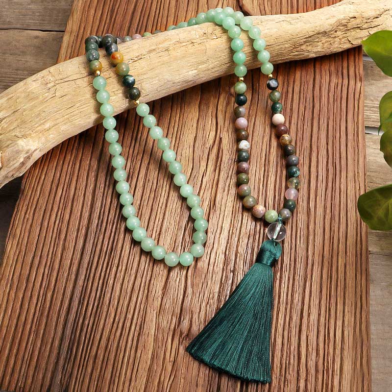 Collier Bracelet Mala en Aventurine Verte et Agate Indienne Olivenorma 