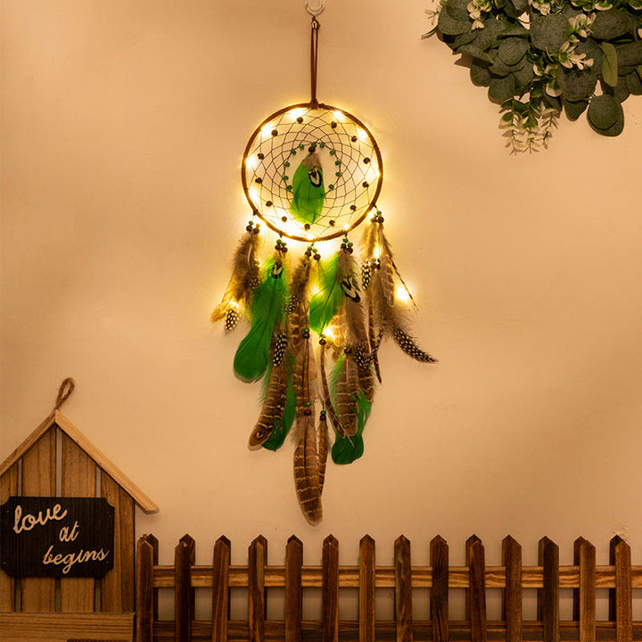 Perles en bois vert naturel Olivenorma Attrape-rêves en plumes de paon 