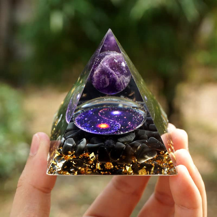 Pyramide d'orgone en obsidienne Yin et Yang Olivenorma