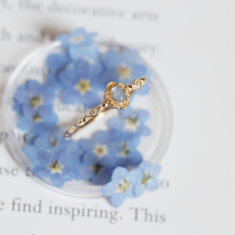 Bague vintage Olivenorma en aigue-marine naturelle et marguerites 