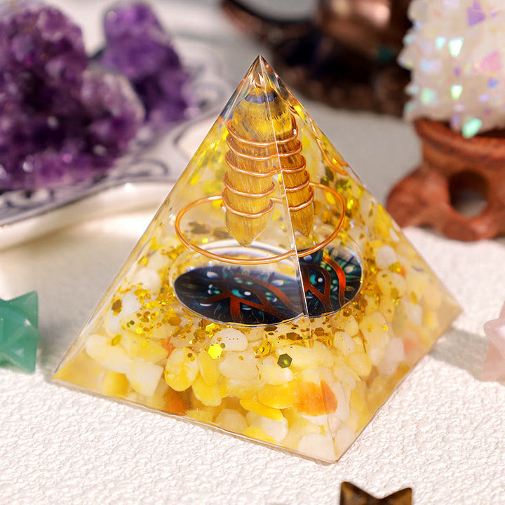 Pyramide d'orgone Oeil de tigre Olivenorma Agate jaune Oeil d'Horus