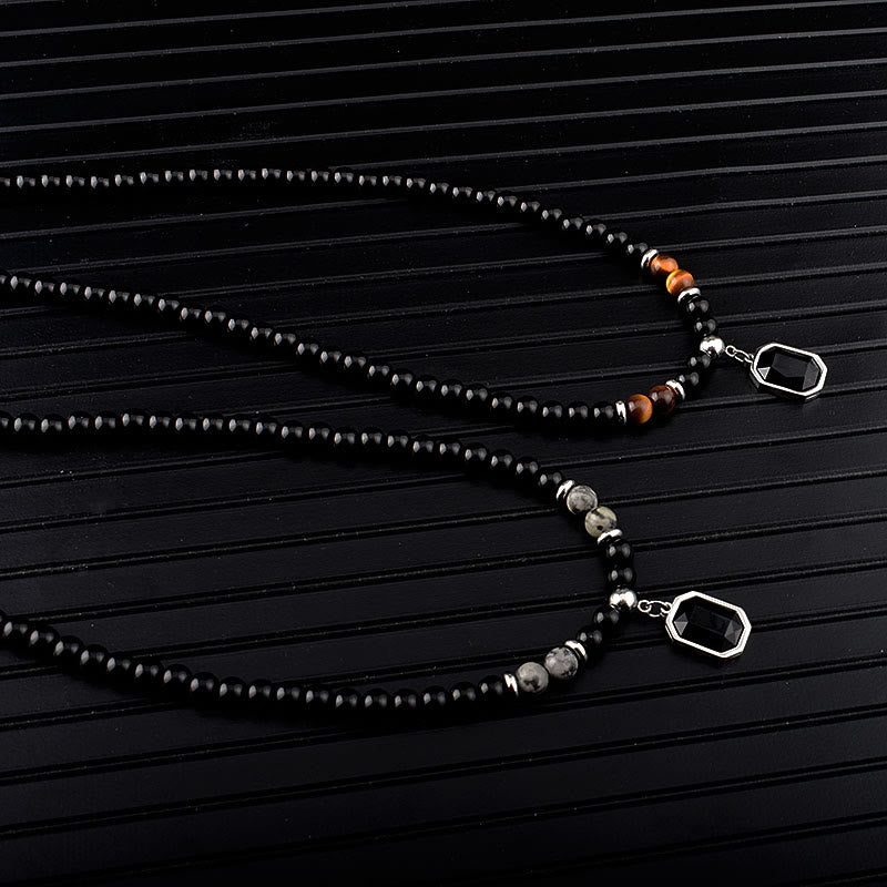 Collier en acier titane et perles d'obsidienne œil de tigre Olivenorma pour homme 