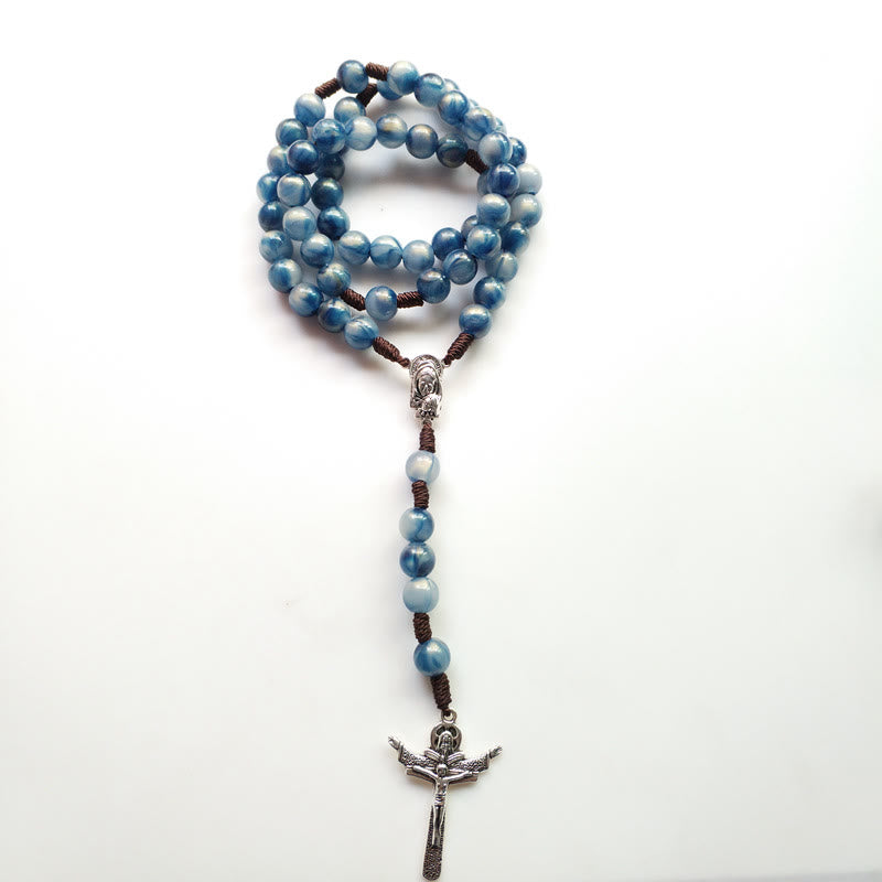 Collier chapelet avec croix de Jésus en pierre œil de chat bleu Olivenorma 