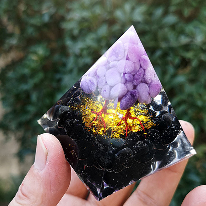 Pyramide d'orgone d'arbre de vie en obsidienne de jade violet Olivenorma