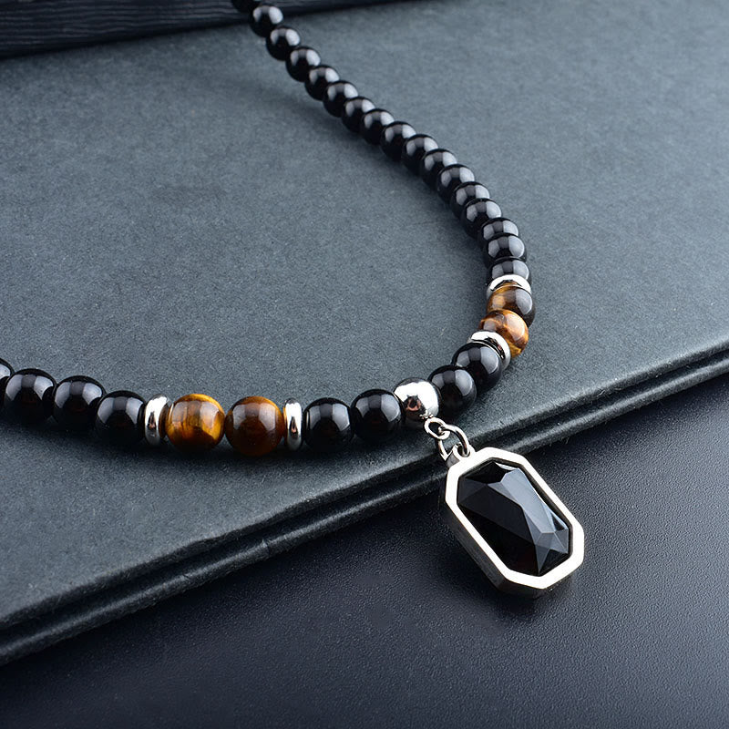 Collier en acier titane et perles d'obsidienne œil de tigre Olivenorma pour homme 