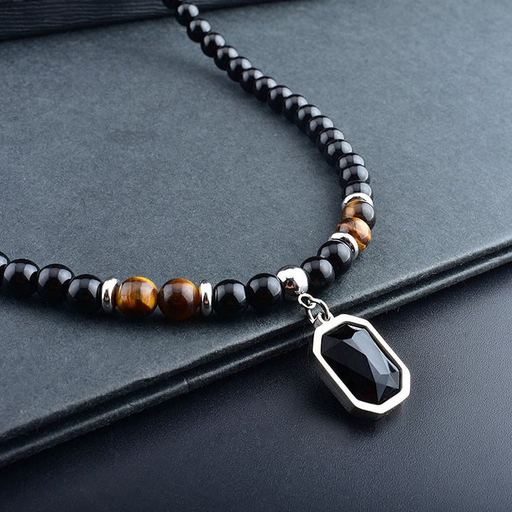 Collier en acier titane et perles d'obsidienne œil de tigre Olivenorma pour homme 