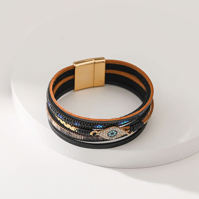 Bracelet Olivenorma en similicuir motif léopard avec zircon et mauvais œil