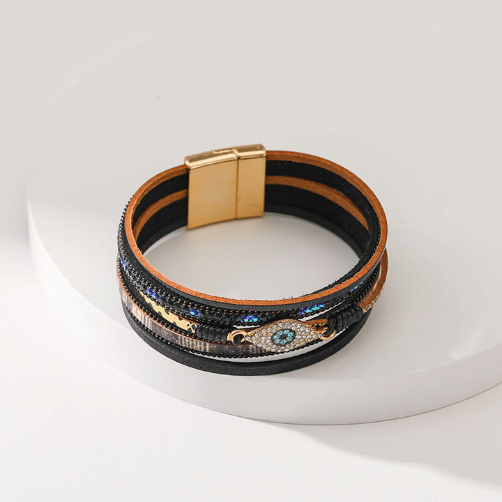 Bracelet Olivenorma en similicuir motif léopard avec zircon et mauvais œil