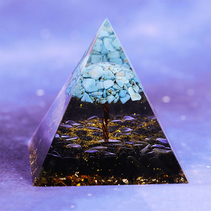 Pyramide porte-bonheur en obsidienne Olivenorma avec orgone turquoise