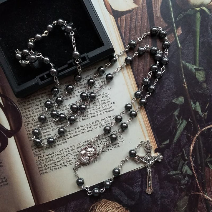 Collier chapelet avec pendentif en croix et médaille sacrée en hématite Olivenorma 