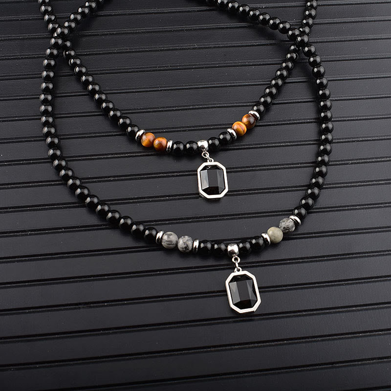Collier en acier titane et perles d'obsidienne œil de tigre Olivenorma pour homme 