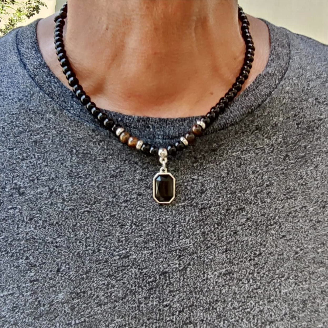 Collier en acier titane et perles d'obsidienne œil de tigre Olivenorma pour homme 