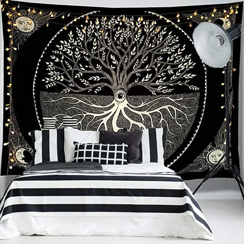 Tapisserie murale représentant l'arbre de vie et l'art de la méditation