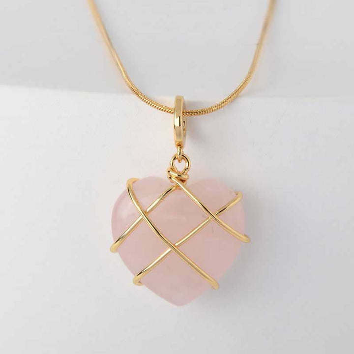 Collier en quartz rose en forme de cœur avec pierres précieuses Olivenorma 