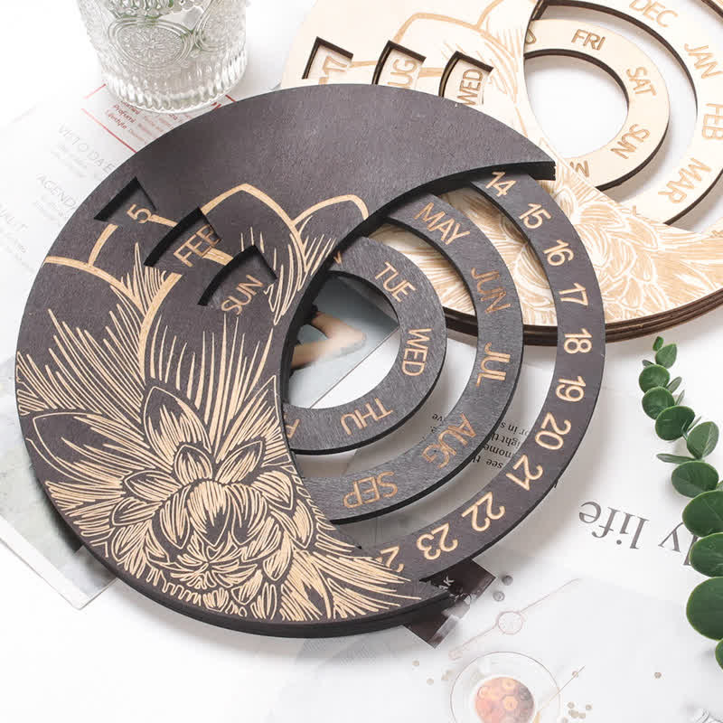 Calendrier perpétuel en forme de croissant de lune en bois avec cercle Olivenorma pour décoration murale