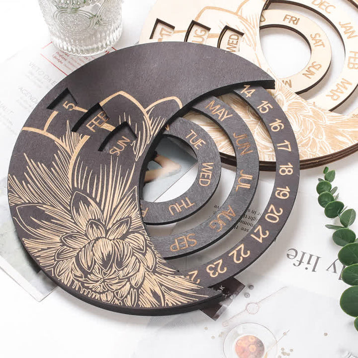 Calendrier perpétuel en forme de croissant de lune en bois avec cercle Olivenorma pour décoration murale
