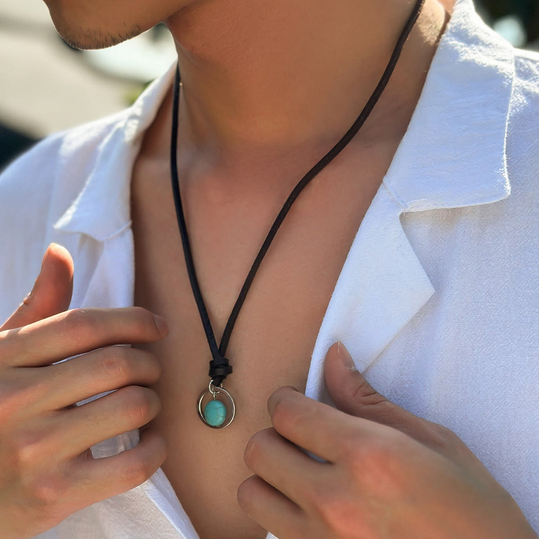 Collier en cuir turquoise avec bague en argent Olivenorma 