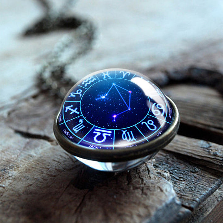Collier Globe en verre double face Olivenorma avec 12 étoiles du zodiaque