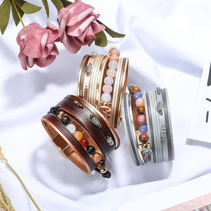 Bracelet multicouche en cuir et perles de cristal naturel Olivenorma