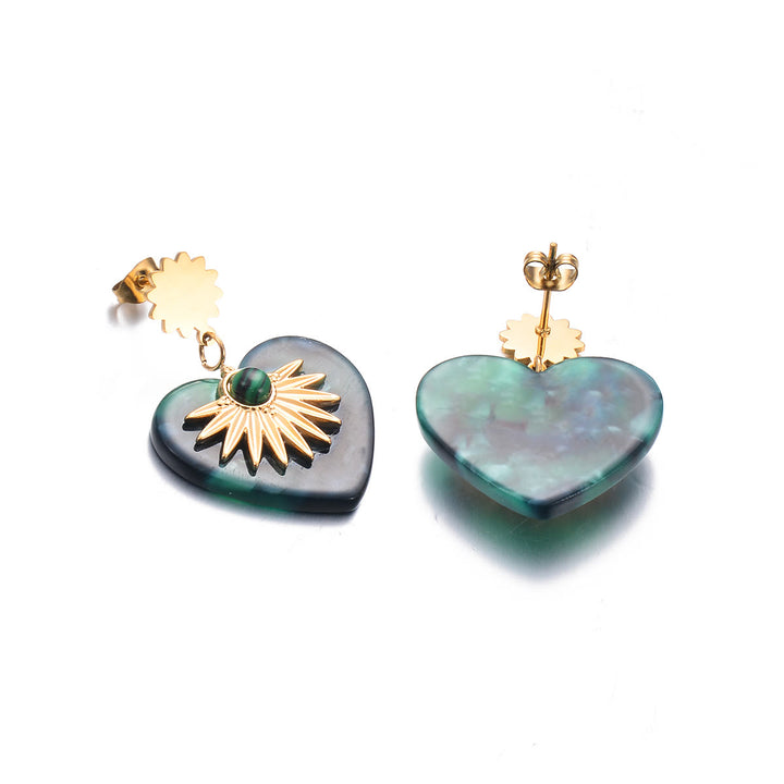 Boucles d'oreilles en forme de cœur en acier inoxydable doré et agate mousse Olivenorma 
