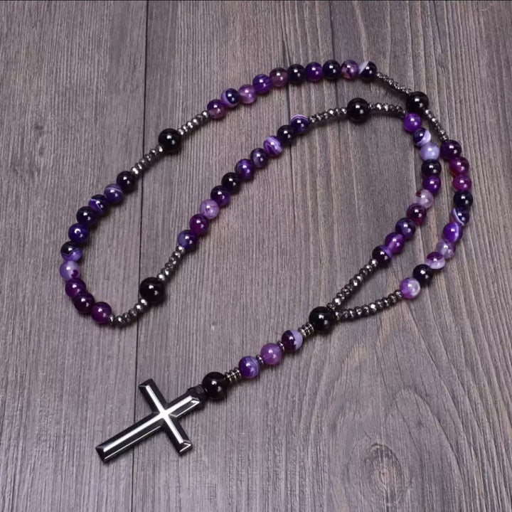 Collier pendentif chapelet catholique en pierre naturelle avec croix Olivenorma - Améthyste - image 11