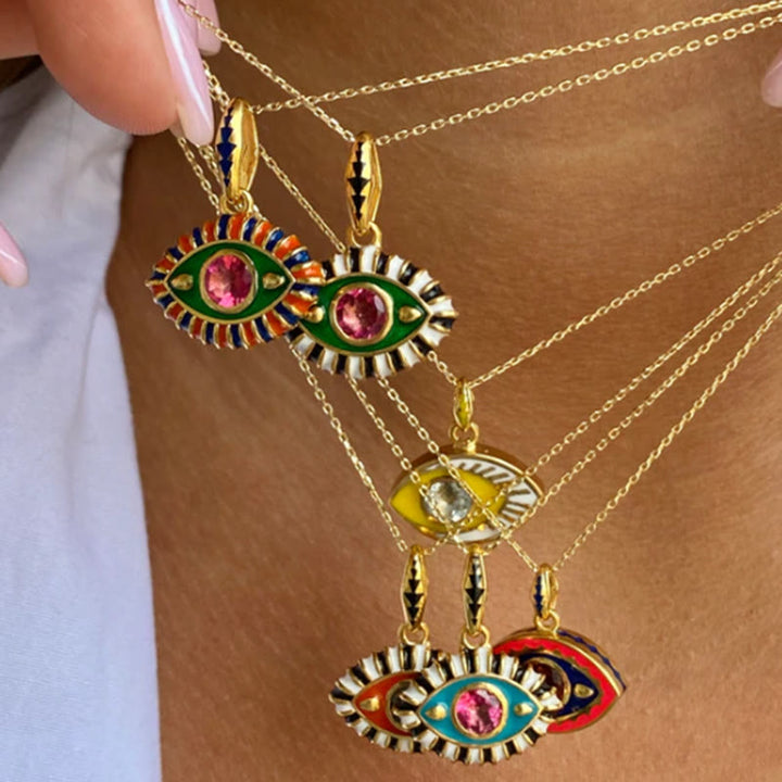 Collier pendentif en acier inoxydable avec zircon coloré contre le mauvais œil Olivenorma 