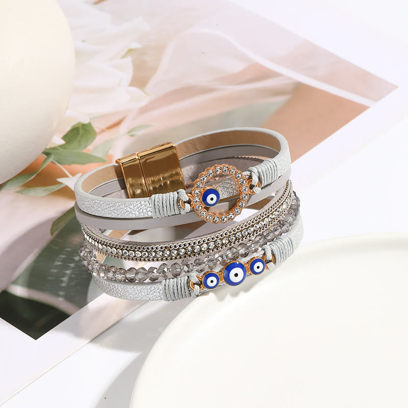 Bracelet large en cuir et métal avec zircon blanc et mauvais œil Olivenorma