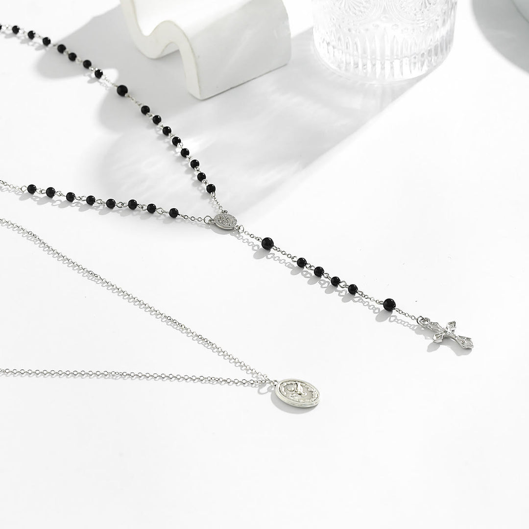 Collier chapelet avec pendentif croix en perles d'obsidienne Olivenorma 