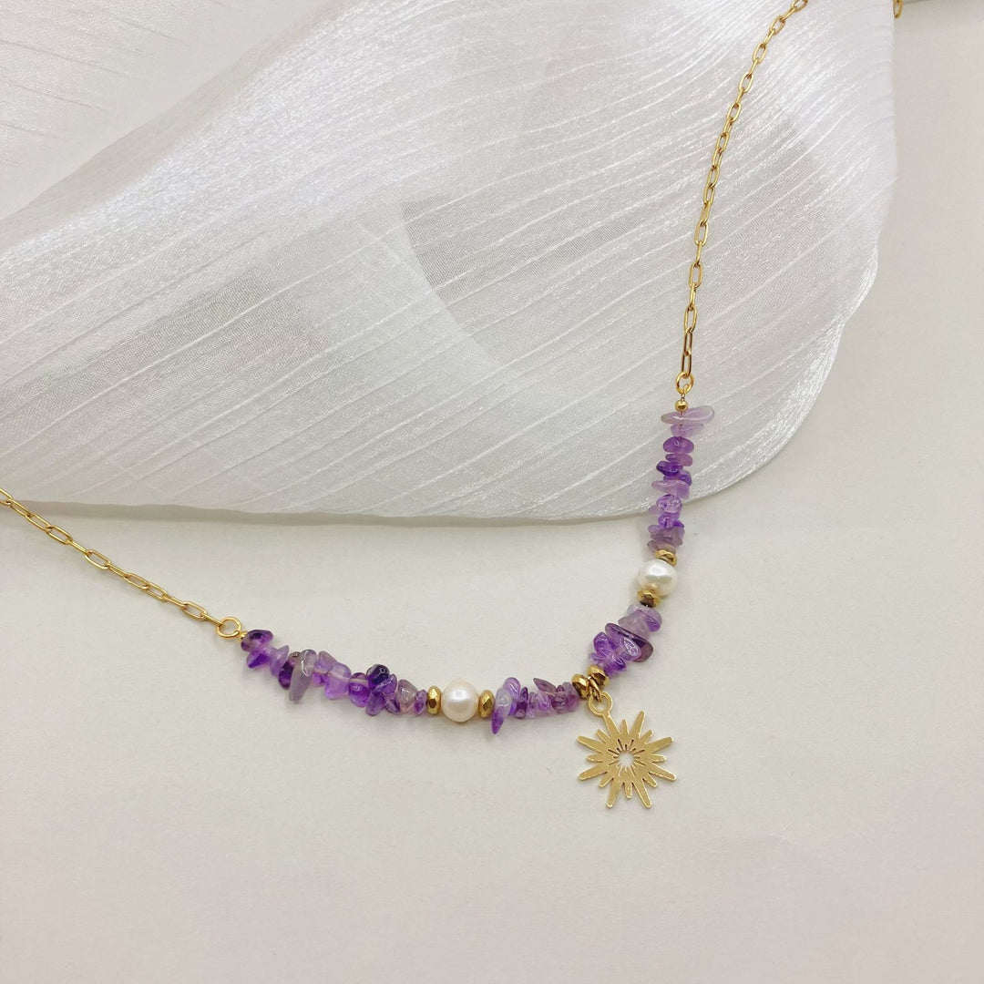Collier pendentif étoile à 16 branches en perles d'améthyste irrégulières Olivenorma
