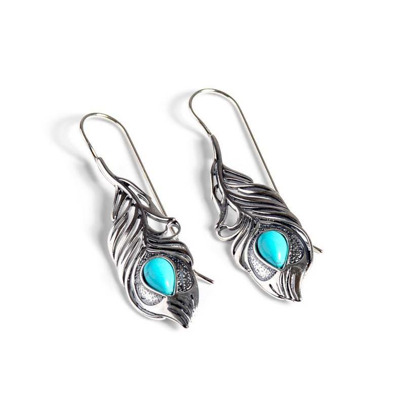 Boucles d'oreilles bohèmes découpées en plumes de paon turquoise vintage Olivenorma