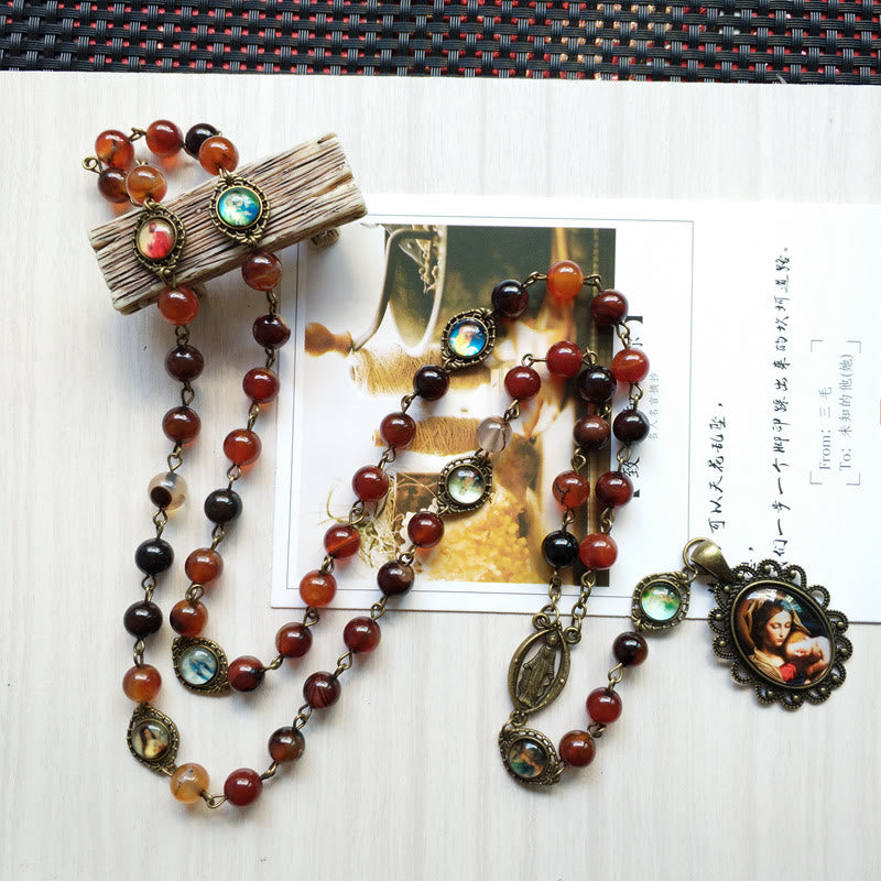 Collier chapelet avec pendentif médaille sacrée de la Vierge en agate Olivenorma 