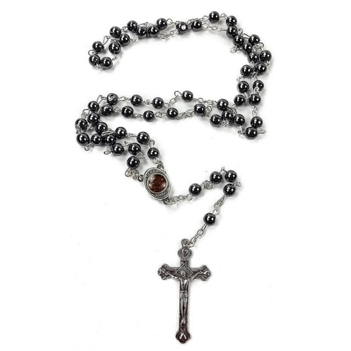 Collier chapelet en onyx noir et agate rouge avec croix Olivenorma