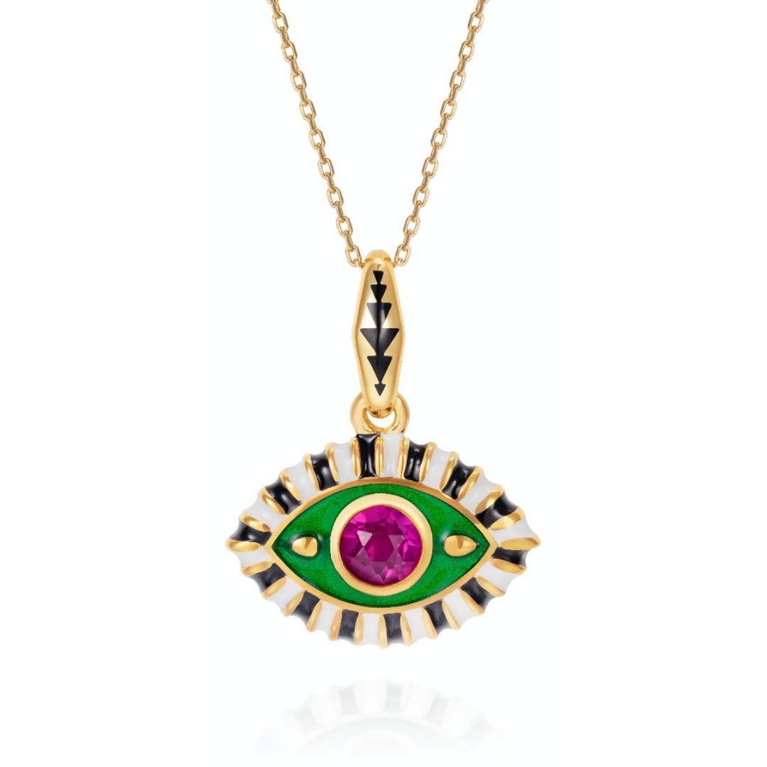 Collier pendentif en acier inoxydable avec zircon coloré contre le mauvais œil Olivenorma - Zircon vert et rose - image 1
