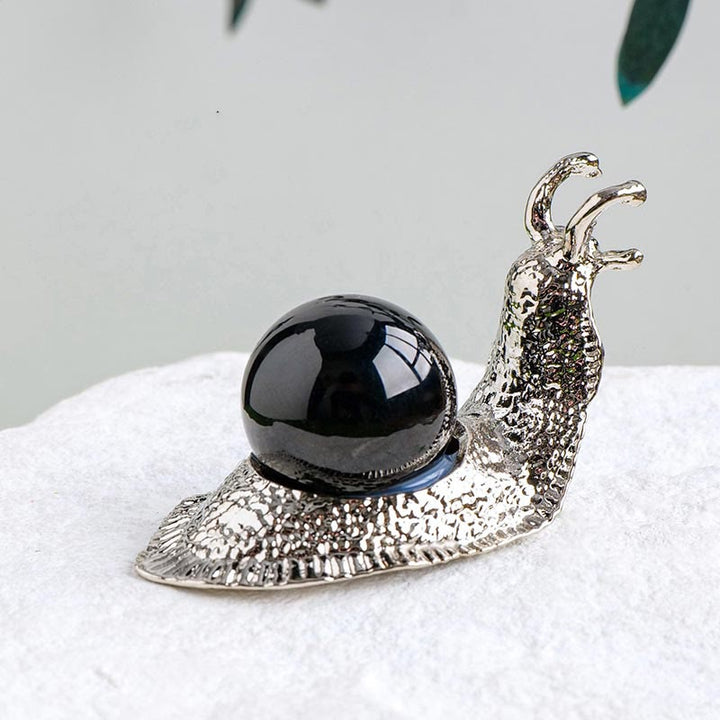 Support de boule de cristal naturel Olivenorma, petite décoration en pierre précieuse en forme d'escargot - Obsidienne - Argent - image 11