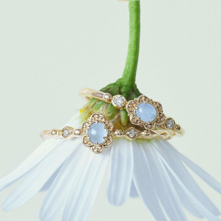Bague vintage Olivenorma en aigue-marine naturelle et marguerites 