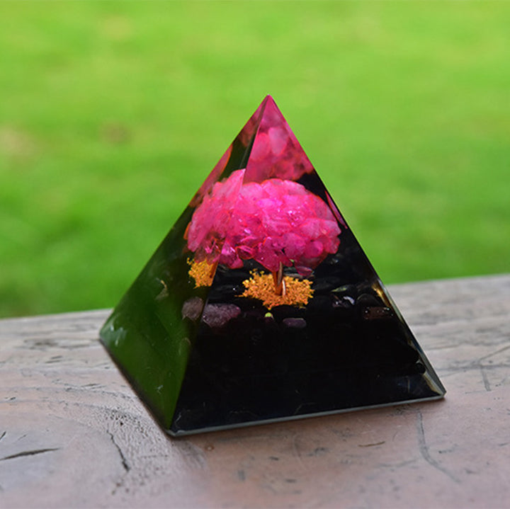 Pyramide d'orgone de guérison en obsidienne Olivenorma avec cristal rose