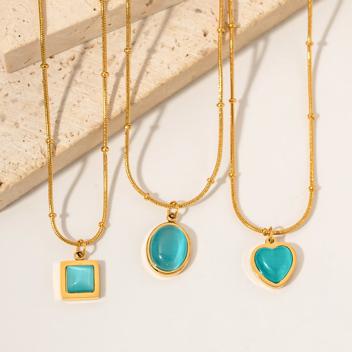 Collier pendentif carré en forme de cœur avec pierre œil de chat bleu Olivenorma 