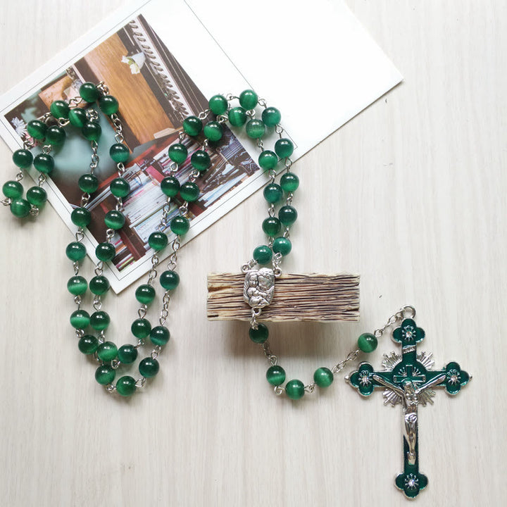 Collier chapelet croix en pierre œil de chat vert Olivenorma 