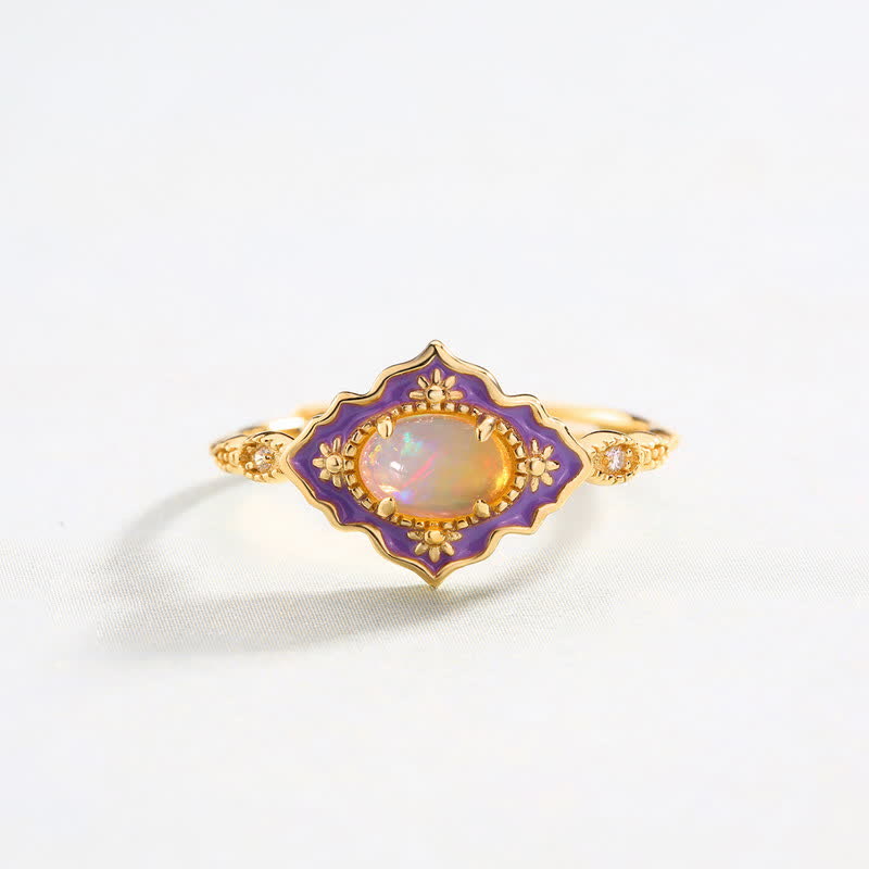 Bague en or ajustable ouverte vintage en émail opale Olivenorma